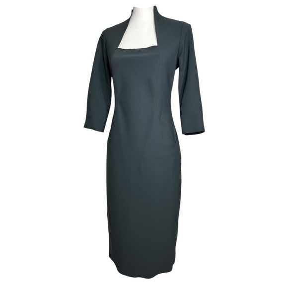 M2057 Maria Pinto Pencil Dress M Gray 3/4 Sleeve Sculpted Stretch Sheath - Picture 3 of 11